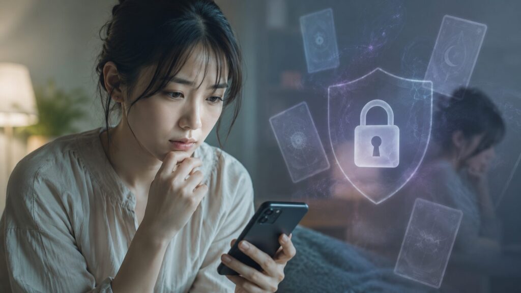 AI占いで個人情報入力に注意する日本人女性とセキュリティのイメージ