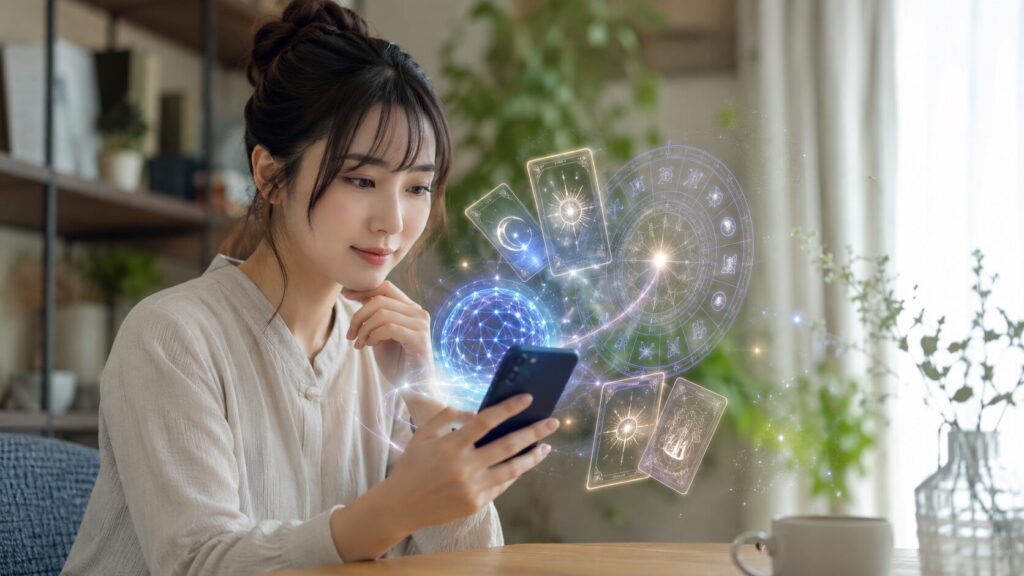 スマホでAI占いを試す日本人女性とタロットや星座の幻想的なイメージ