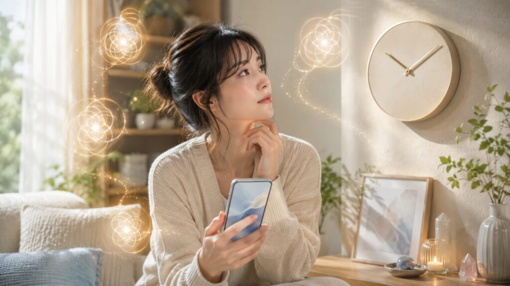 ゾロ目の意味を考えながらスマホを見る日本人女性と、やわらかな光が漂う室内