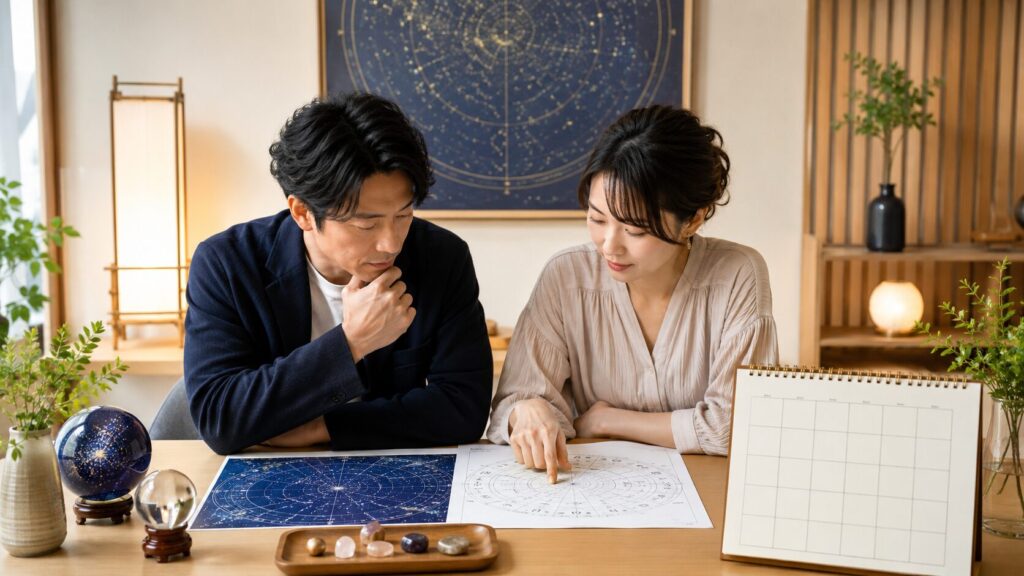 占星術の出生図を見ながら人生や相性を相談する日本人男女