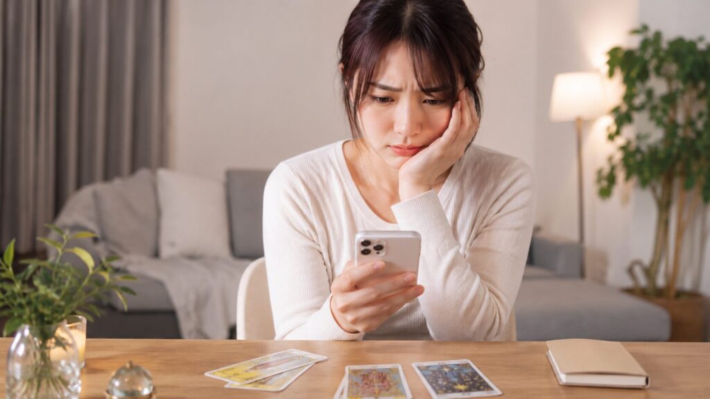 占いで悪い結果ばかり出てスマホを見ながら不安そうに悩む日本人女性