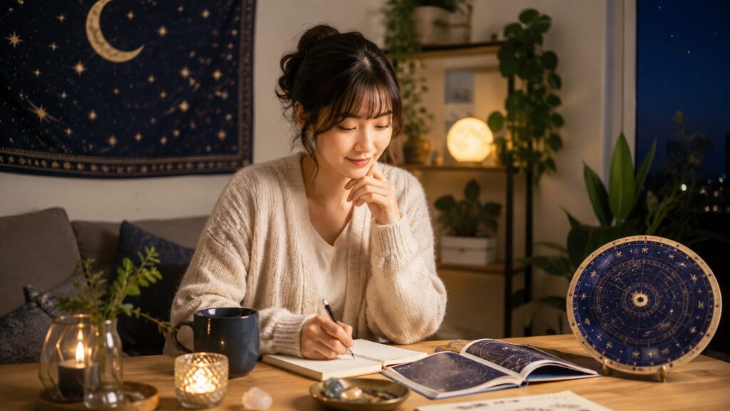 星座占いの本を見ながら自分の運勢を静かに記録する日本人女性