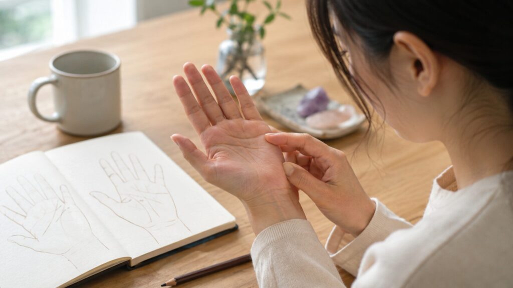 自分の手のひらを見ながら手相占いを簡単に学ぶ日本人女性