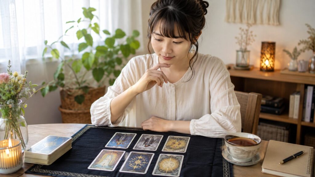 タロット占い初心者がカードを広げて基本のやり方を学ぶ様子