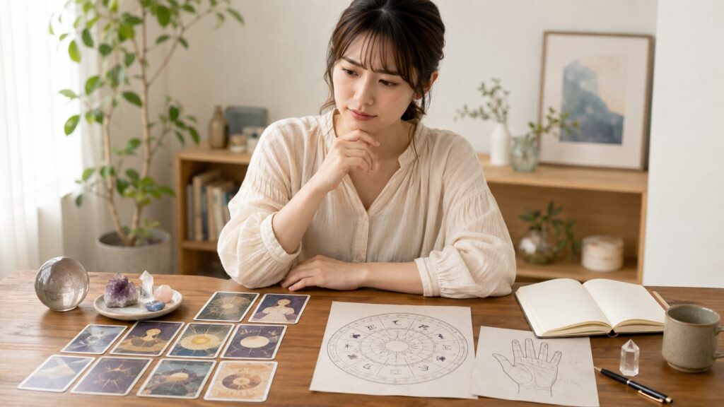 タロットや占星術、手相を前に占いの種類を比較する日本人女性