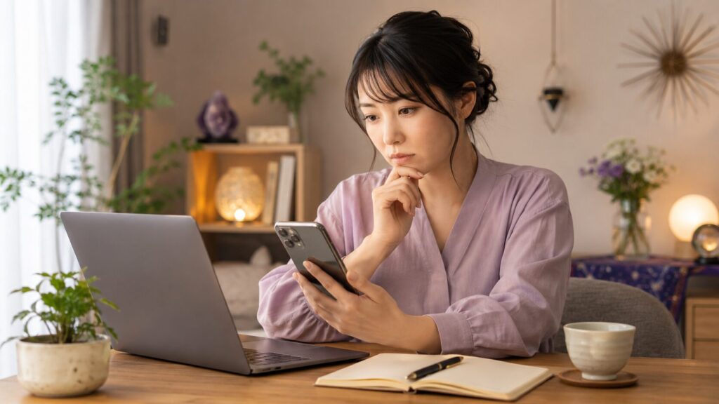 スマホとパソコンで占い師の情報を比較する日本人女性が慎重に相談先を選ぶ様子