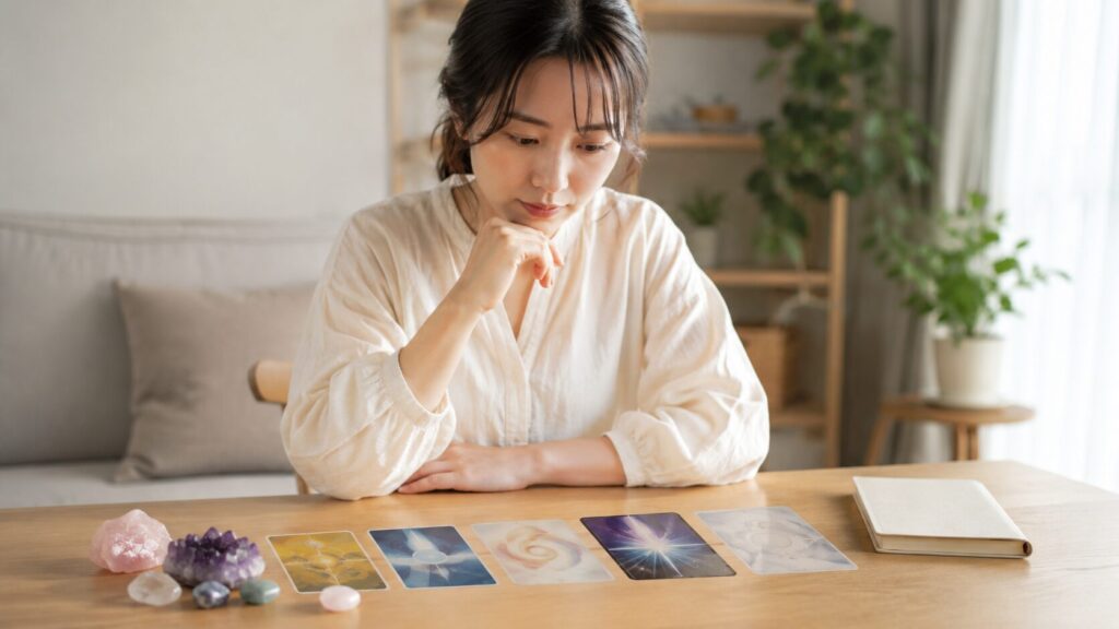 自宅でタロットカードを見比べながら占いの種類を選ぶ日本人女性