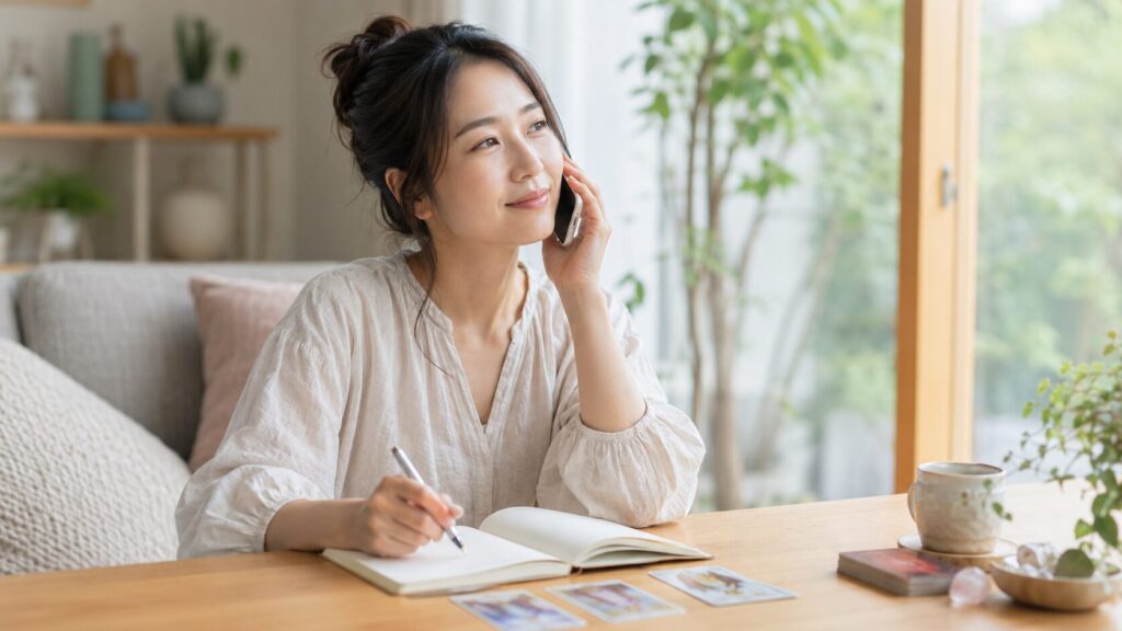 ココナラ電話占いを参考程度に使い、相談内容をノートに整理する日本人女性