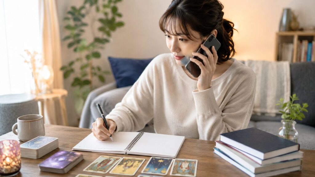 ココナラ電話占いを体験しながら鑑定の流れをノートに記録する女性