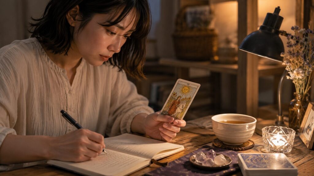タロットカードを一枚引きして鑑定記録をノートに残す占い学習の様子