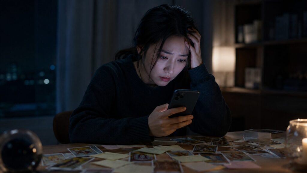 占い依存や悪い結果への不安で夜にスマホを見つめる日本人女性