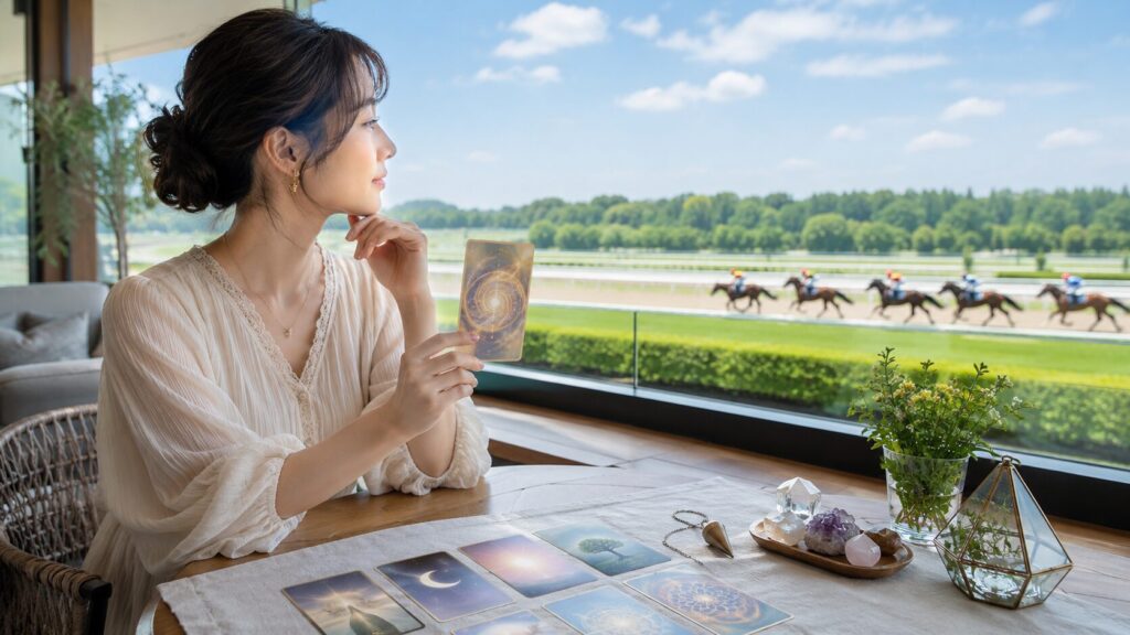 競馬場を眺めながらカード占いで競馬との向き合い方を考える日本人女性