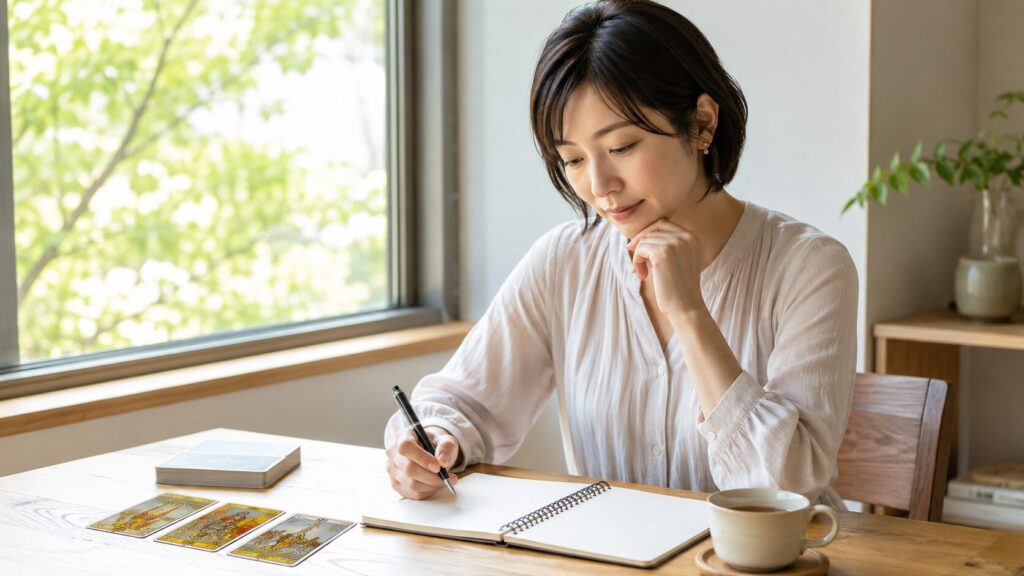 占いの悪い結果を受け止めノートに気持ちを整理する日本人女性
