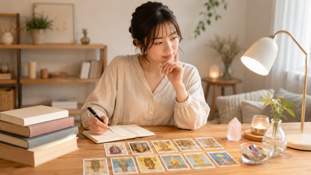 占いを勉強したい初心者が自宅でタロットや本を使って学習を始める様子