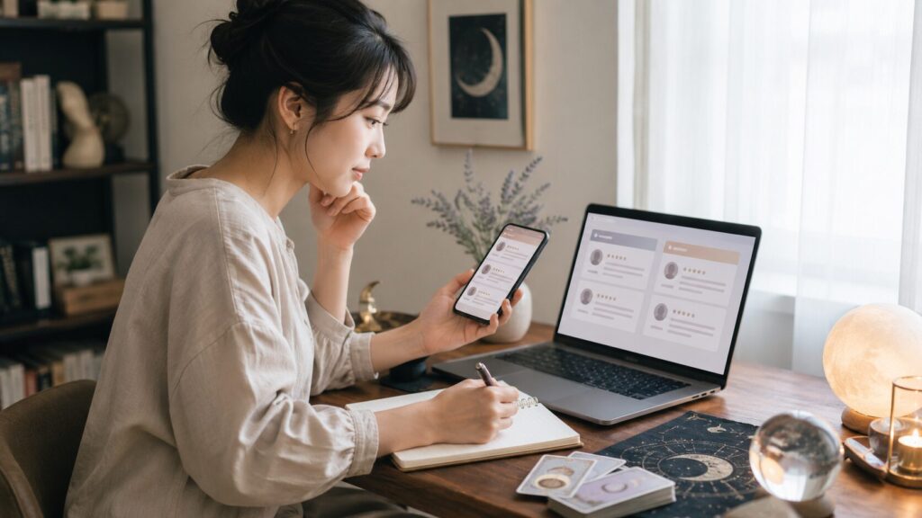 口コミや料金を比較しながら信頼できる占い師を探す日本人女性