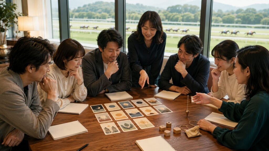 競馬場の観覧室で占い師たちがカードやペンデュラムを使い競馬予想を話し合う様子