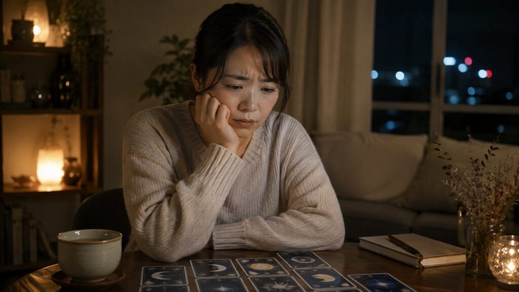 占いを信じると不幸になるのか不安を抱え、夜にタロットカードを見つめて悩む日本人女性