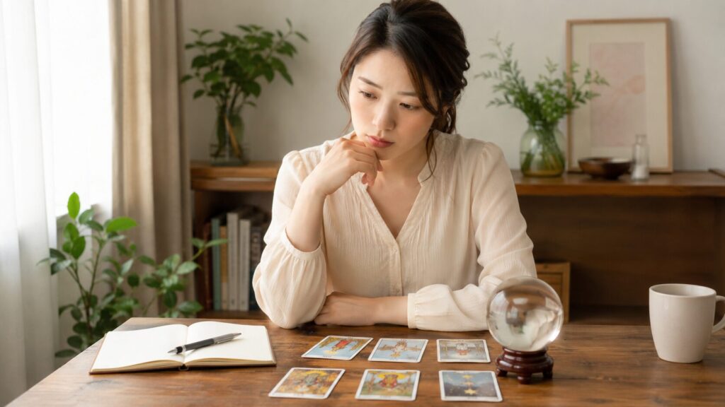 占い結果を前に、タロットカードとノートを見比べながら冷静に考える日本人女性