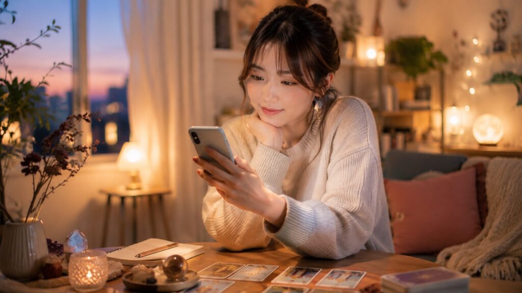 スマホで占いを調べる日本人女性とタロットカードが並ぶ、令和の占いブームを象徴する室内風景