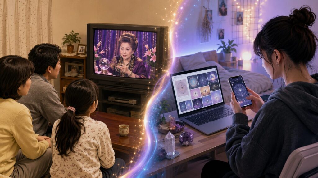 テレビ占いからスマホやパソコンのデジタル占いへ移り変わる占いブームの比較イメージ
