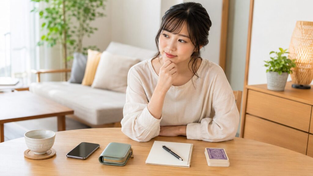 占いの料金を調べながらスマホと財布を前に考える日本人女性