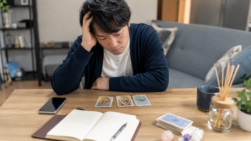 占い依存で自分の判断に迷い、タロットカードとスマホを前に悩む日本人男性