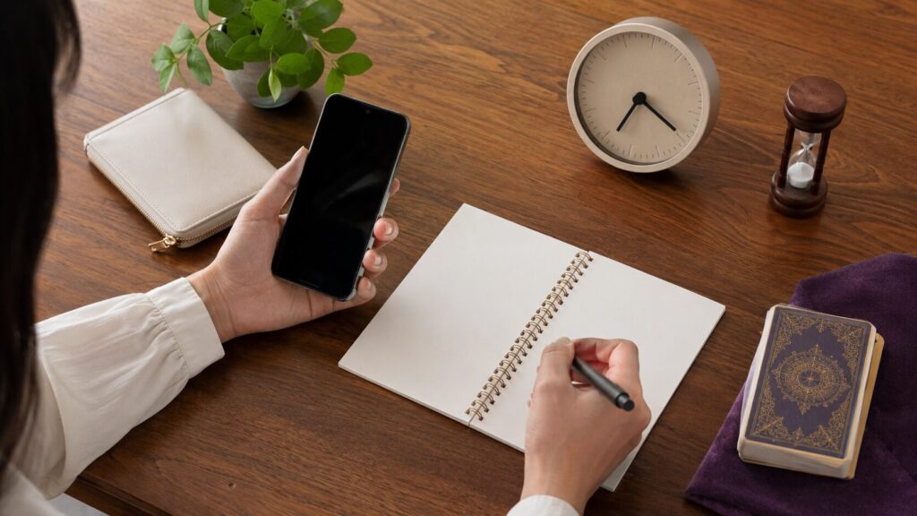 占いの料金や相談時間を確認するためにスマホとノートを用意した机