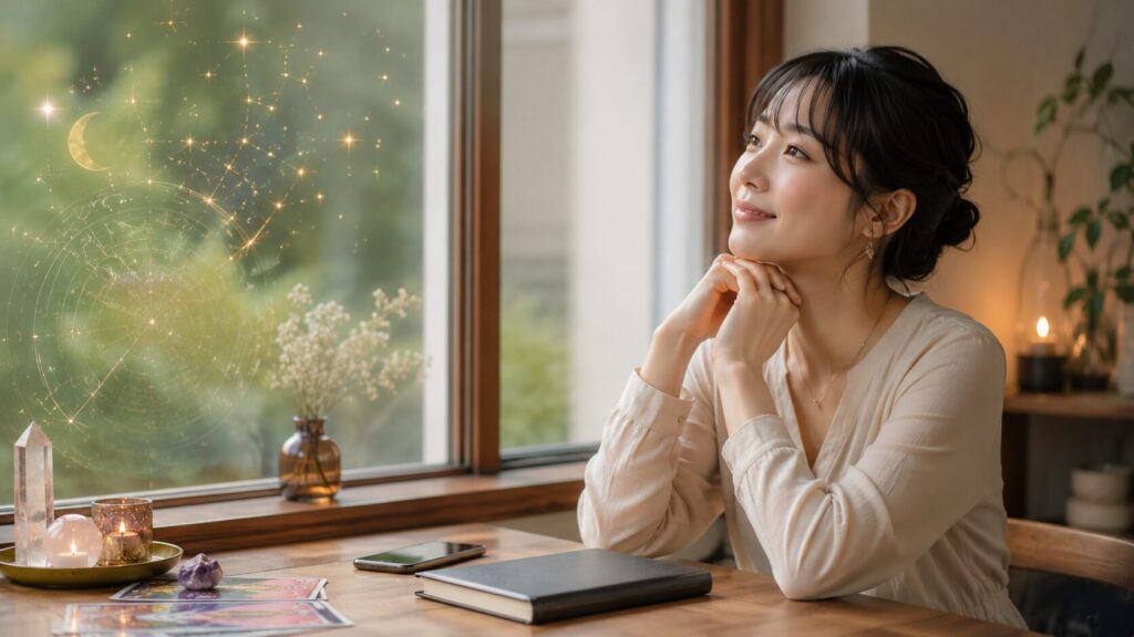 占いに必要な情報を準備し終えて安心した表情で考える日本人女性