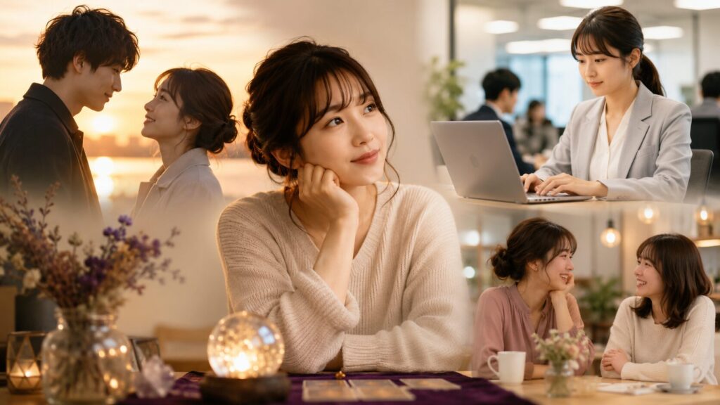恋愛や仕事や人間関係など占いで相談したいテーマを思い浮かべる日本人女性