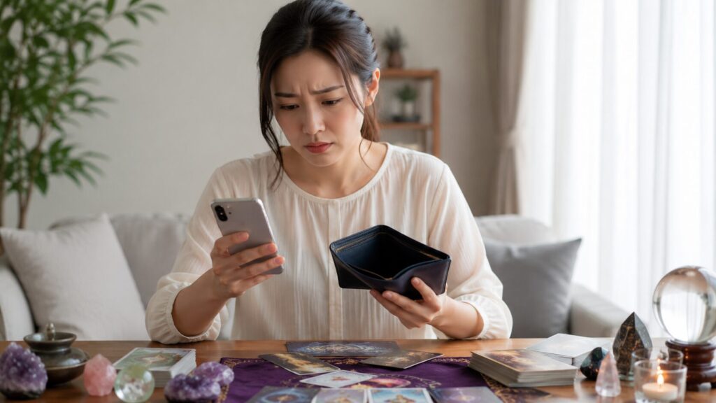 占いにお金を使いすぎた不安から、財布とスマホを確認する日本人女性