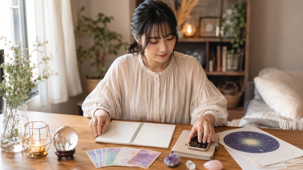 占いに必要な情報を整理する日本人女性とノート、スマホ、タロットカード、星座図