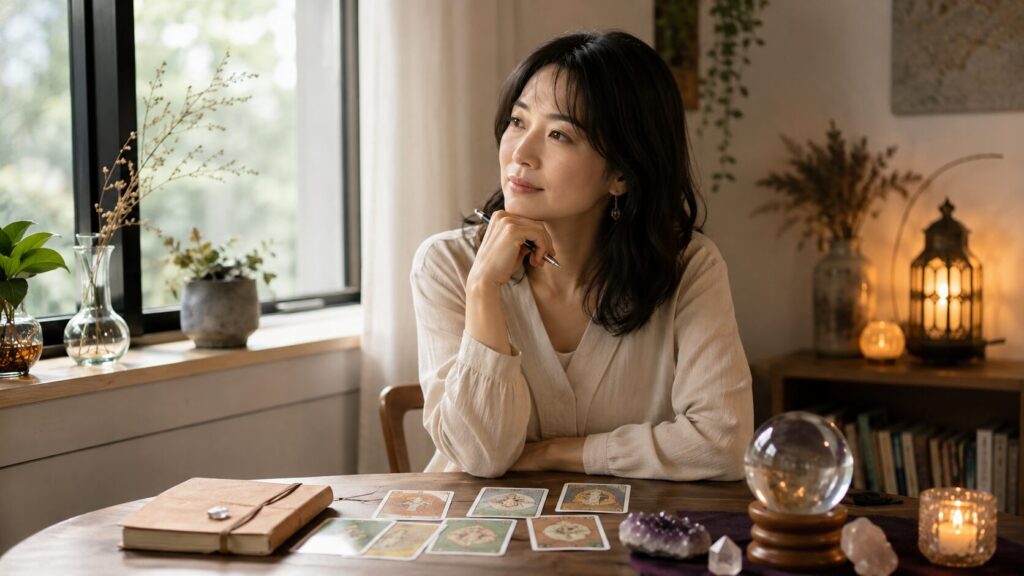 占い好きな人の心理を考えながらタロットカードを前に物思いにふける日本人女性