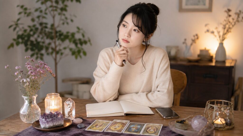 占いで聞くことを整理するため、ノートを前に考える日本人女性