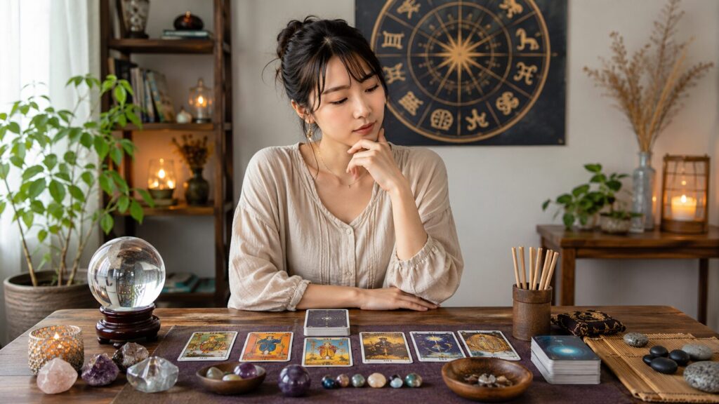 占いの種類ランキングを比較する日本人女性とタロットカードや水晶玉のある占い空間