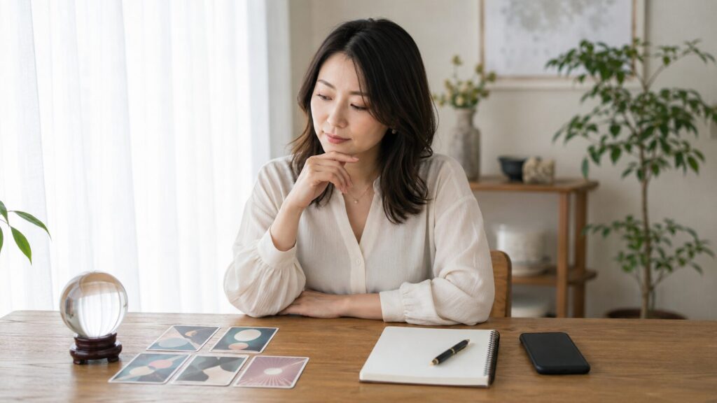 占い後にノートへ気づきを書き出し、自分の判断を整理する日本人女性