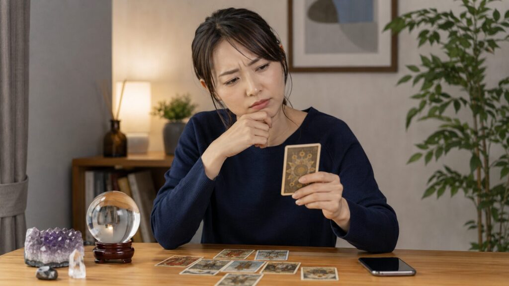 占いが嘘くさいと感じながらタロットカードを見つめる日本人女性