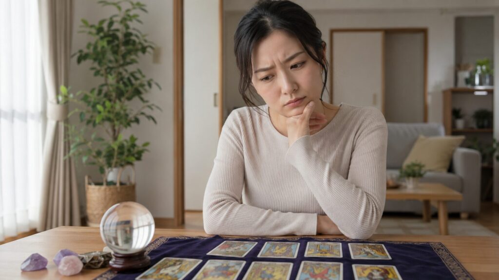 占いがインチキか疑問を持ちながらタロットカードを見つめる日本人女性