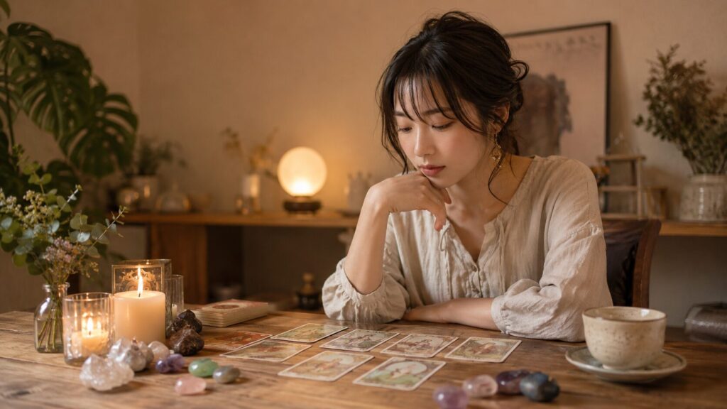 占いは当たるのか悩む女性がタロットカードを見ながら考えを整理する様子