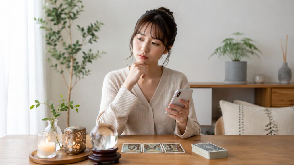 占いは本当に当たるのか悩みながらタロットとスマホを見比べる日本人女性