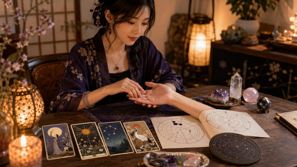 タロットや手相、占星術など占いの種類を学ぶ日本人女性のイメージ