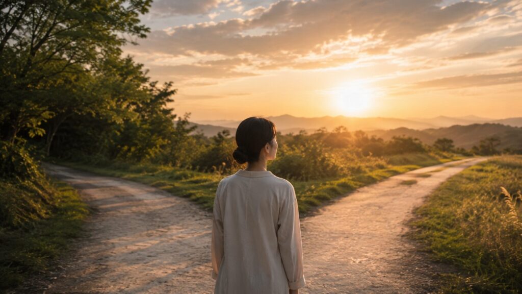 分かれ道に立つ日本人女性が未来の選択について考える風景