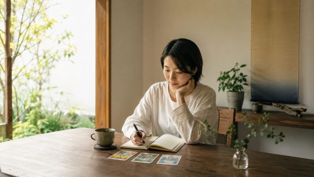タロットカードとノートを使って占い結果を冷静に振り返る日本人女性