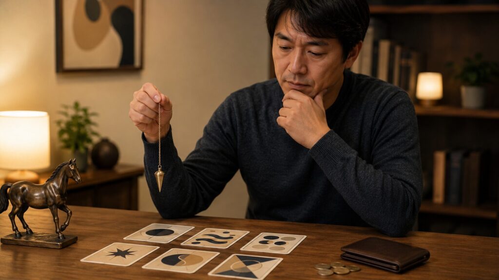 カード占いと財布を前に競馬との付き合い方を冷静に考える日本人男性