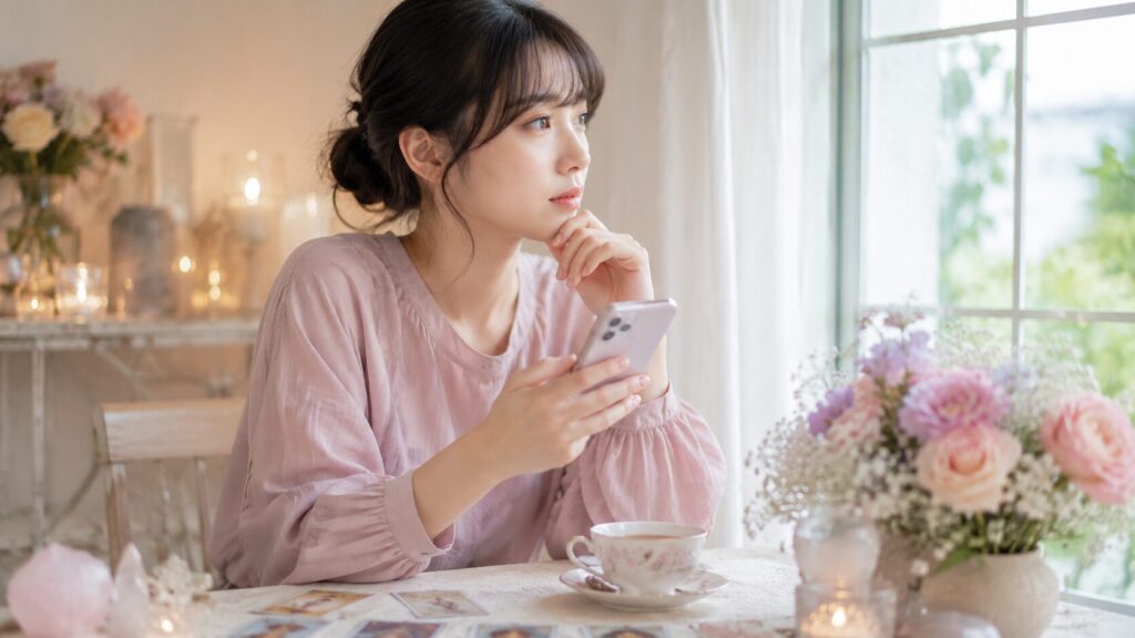 片思い相手の気持ちを占いで相談する前にスマホを見つめる日本人女性