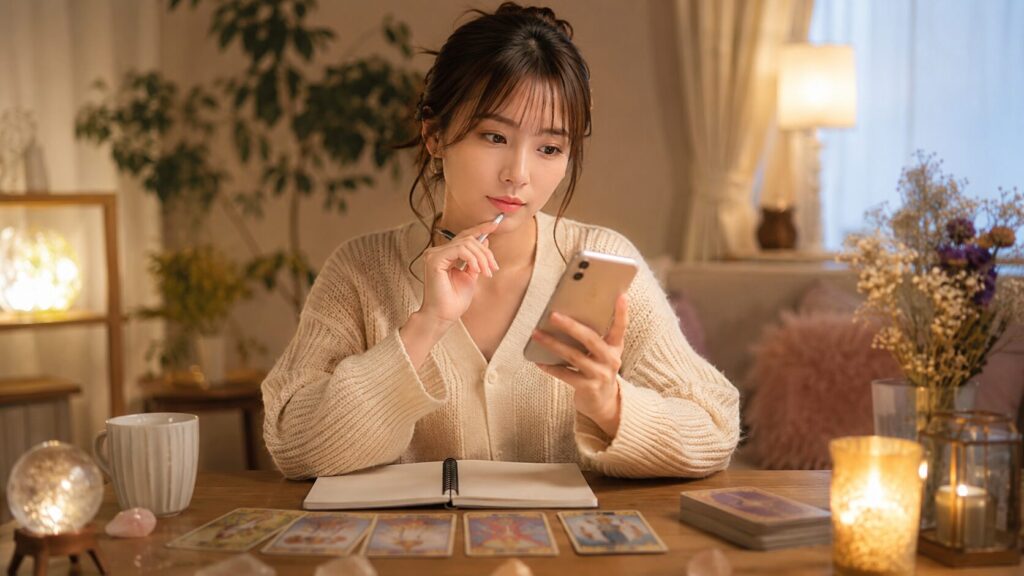 恋愛占いで聞く質問をノートに整理しながらスマホを見る日本人女性