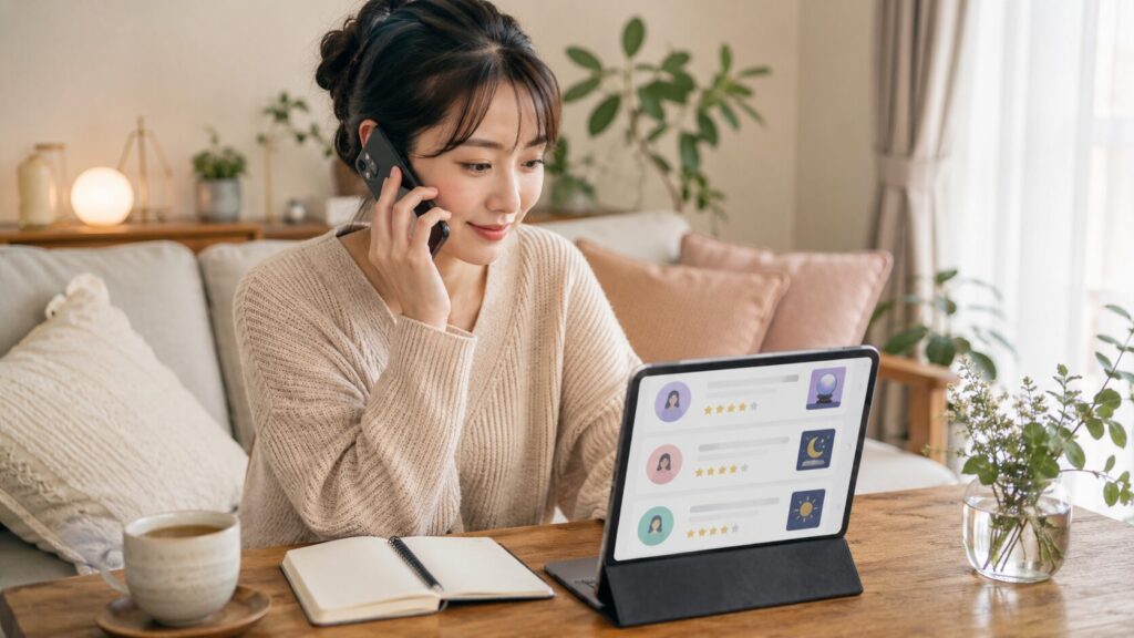 自宅で電話占いサービスを比較しながら相談する日本人女性