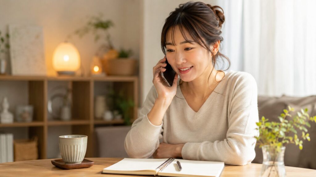 電話占いで相談しながら安心した表情を見せる日本人女性