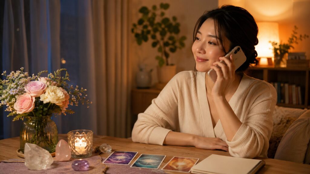 自宅で電話占いを受けながら占いと競馬への不安を整理する日本人女性