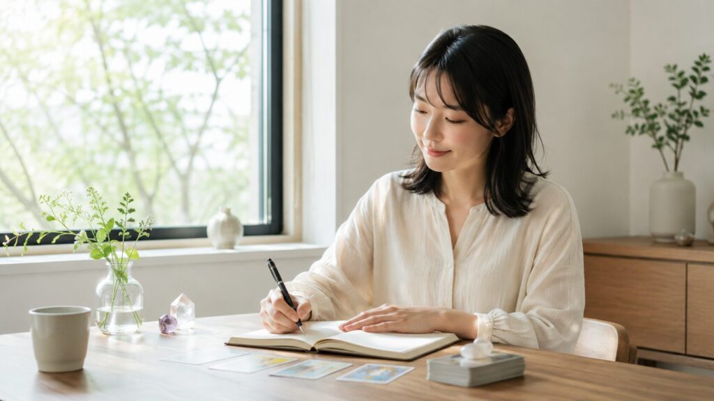自宅で電話占いを受けながら、落ち着いて相談内容を整理する日本人女性