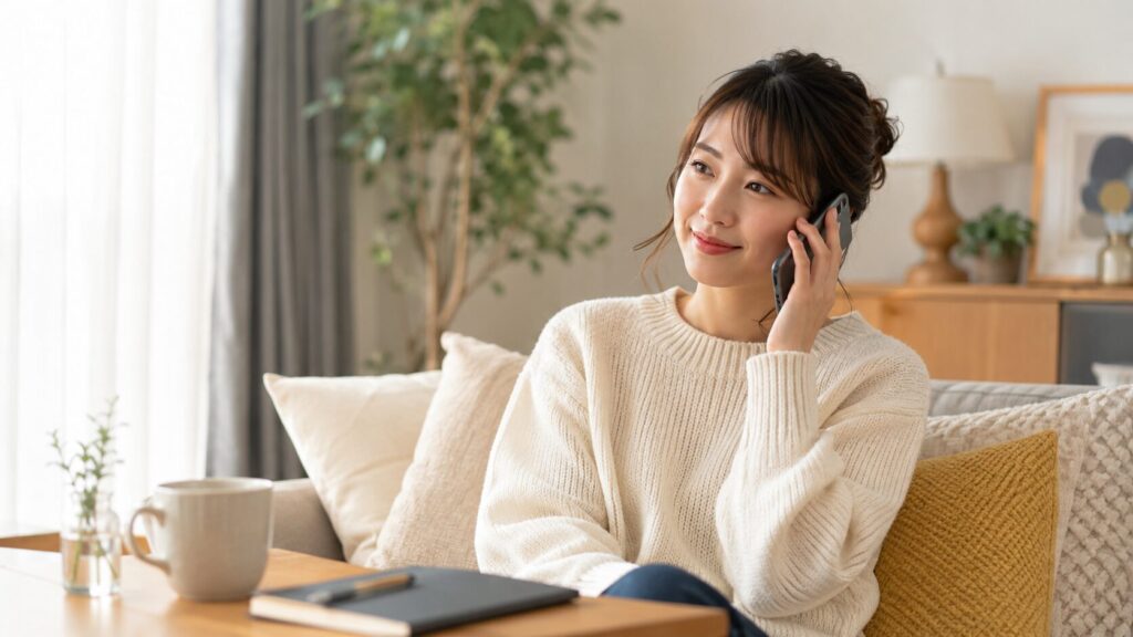 ココナラ電話占いの相談を自宅で安心して受ける日本人女性